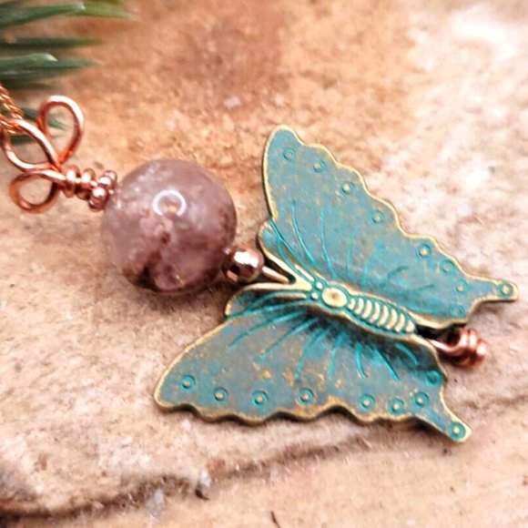 Unique Nature Plum Blossom Rutilated Bead With Bass Butterfly Pendant Necklace - Picture 7 of 10